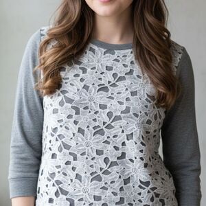 Grey Sweater with White Floral Lace Overlay Women's S